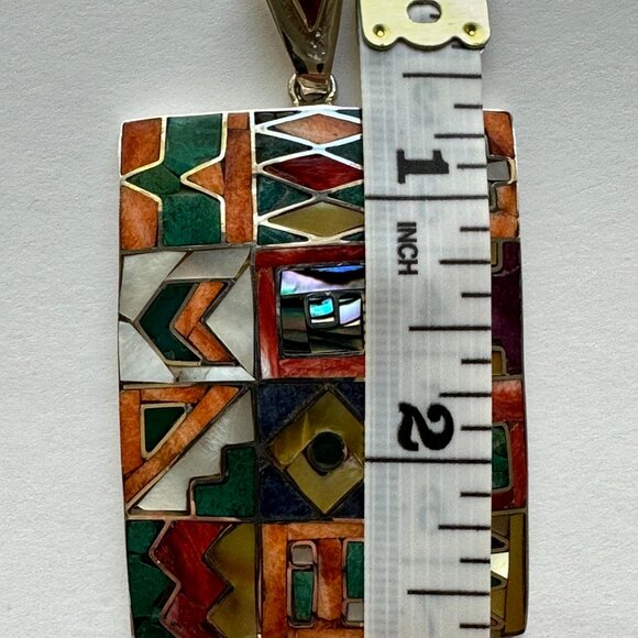 Peruvian 950 Sterling Silver Pendant | Rectangular Mosaic Inlay | Natural Stones - Picture 14 of 15